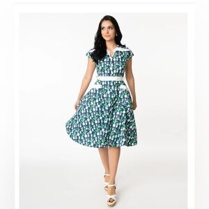 Elegant Green and White Potted Cactus Hedda Swing Print Dress Size 3X/20